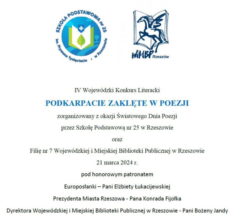 Read more about the article Rozstrzygnięcie IV Edycji Wojewódzkiego Konkursu Literackiego „Podkarpacie zaklęte w poezji”.